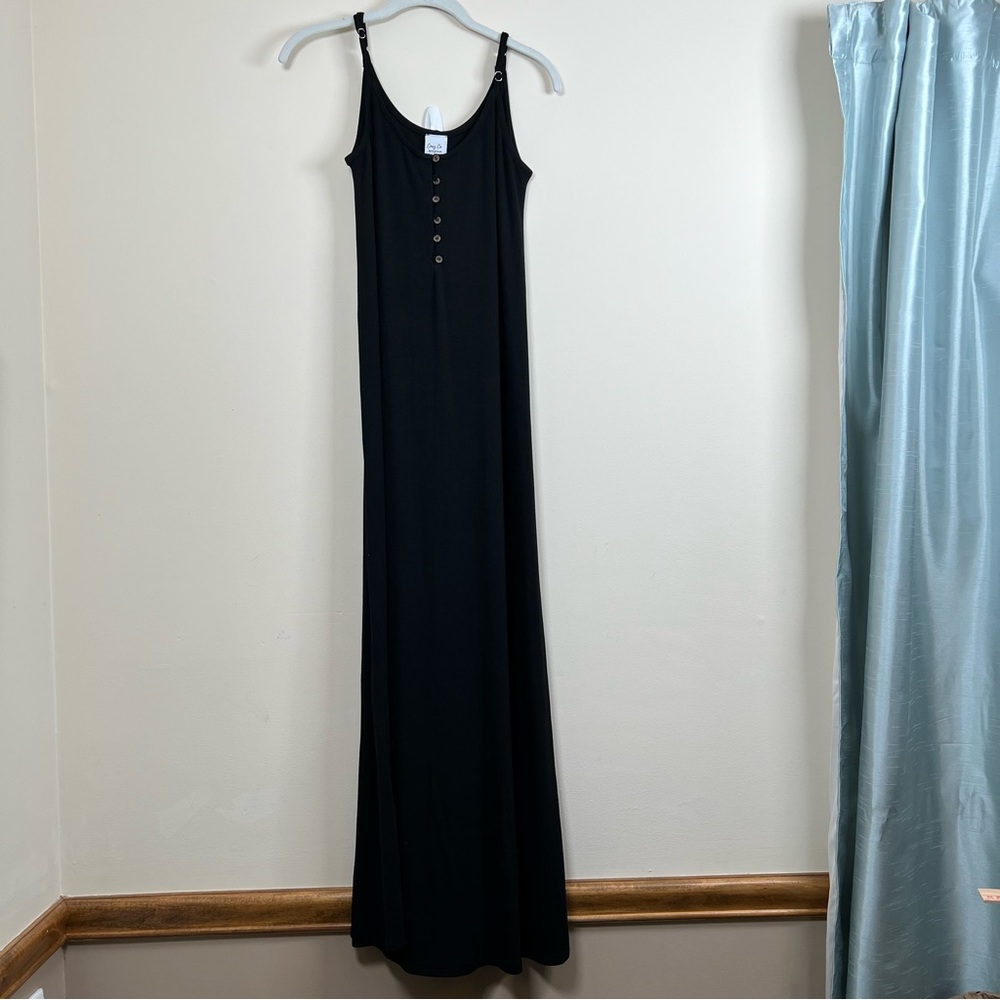 Maxi Dress Cozy Co Black Spaghetti Strap Button Neck NWT Knit Casual Size S 2-4